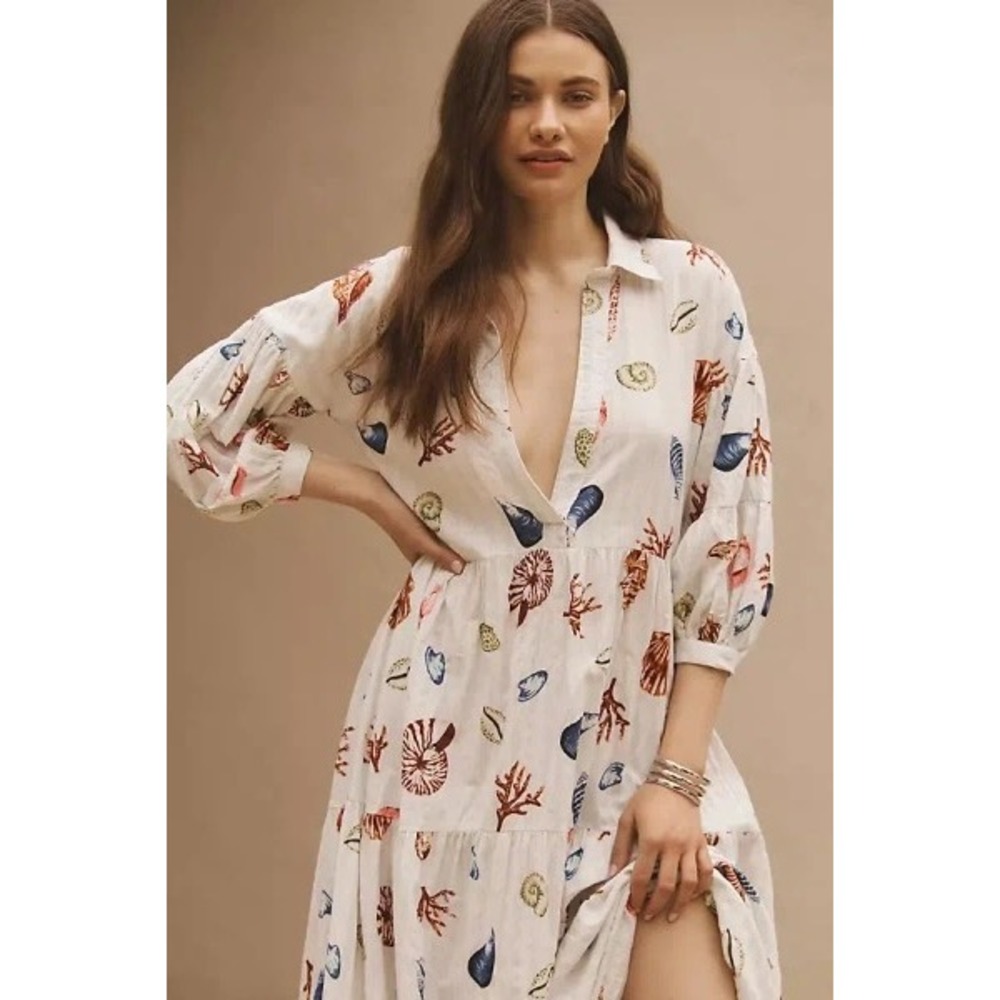 Anthropologie Seashell Carolita Print Tiered Maxi Dress White XL Beach Coastal